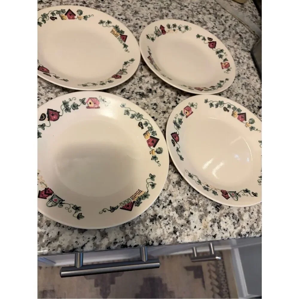 Corelle vintage set of 4 small Plates with Pink and Green Birdhouse Border